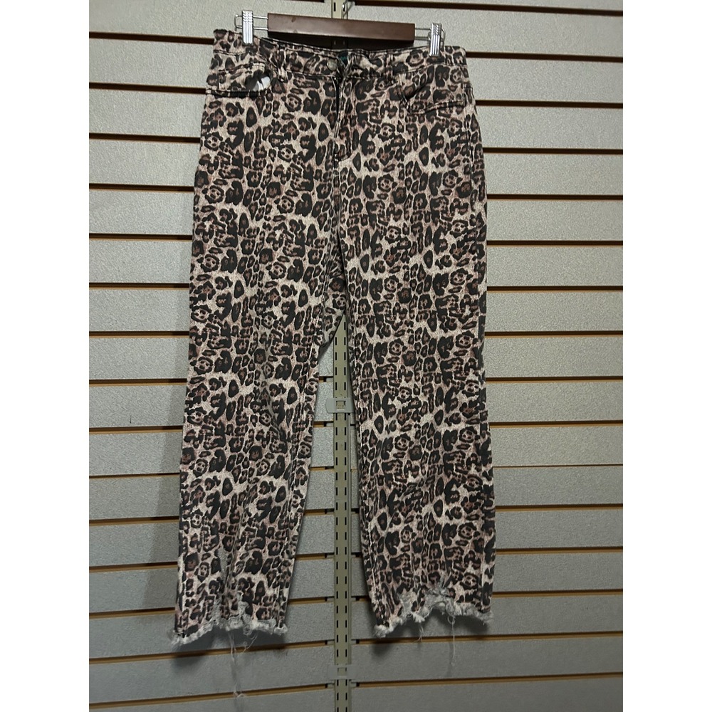 Sterling Kreek Womens Leopard Print Straight Leg Jeans Brown Size 7/8 Frayed Hem